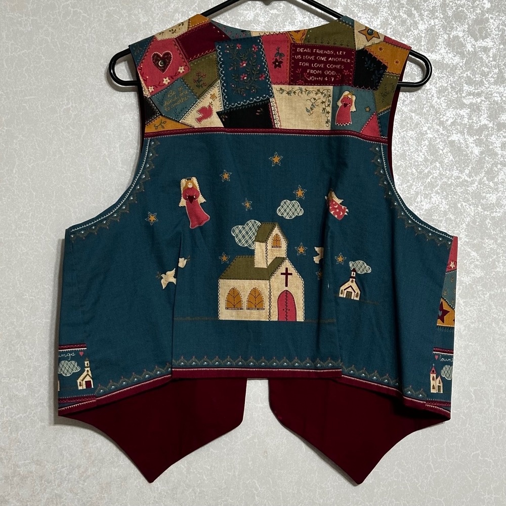 Country Blessings Patchwork Bible Print Vest Religious Church Angel Folk Art M - Picture 2 of 5
